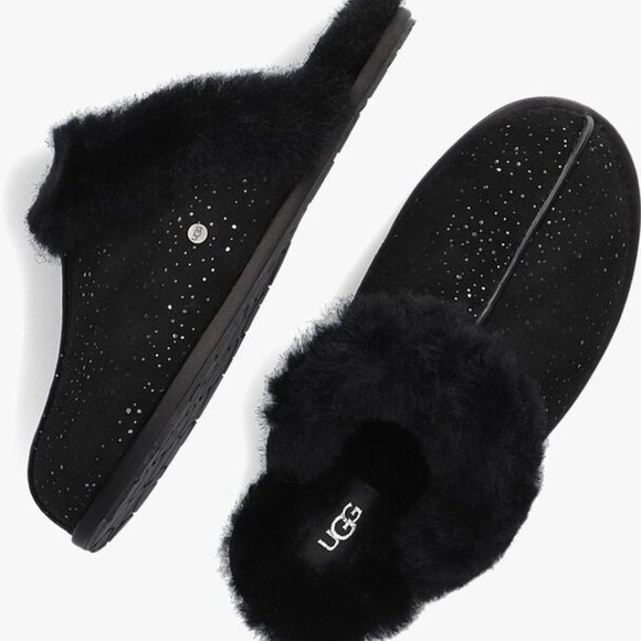 NIB UGG WOMEN'S SCUFFETTE METALLIC SPOTS BLACK‎ SUEDE SHEARLING LINED SLIPPERS - Picture 1 of 8